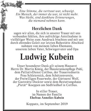 Traueranzeige von Ludwig  Kubein von lausitzer_rundschau
