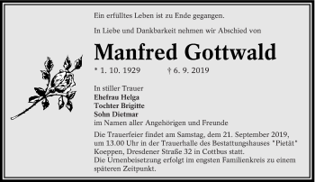 Traueranzeige von Manfred Gottwald von lausitzer_rundschau