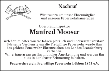 Traueranzeige von Manfred Mooser von lausitzer_rundschau