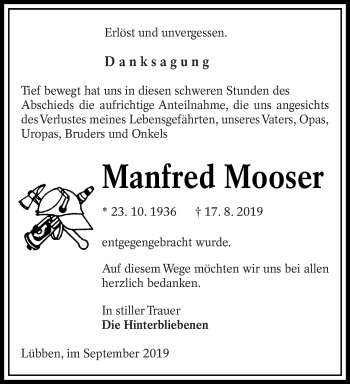 Traueranzeige von Manfred Mooser von lausitzer_rundschau