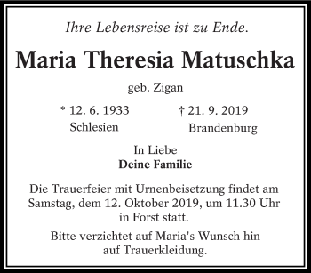 Traueranzeige von Maria Theresia Matuschka von lausitzer_rundschau