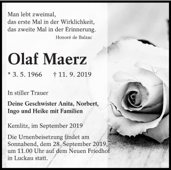Traueranzeige von Olaf Maerz von lausitzer_rundschau