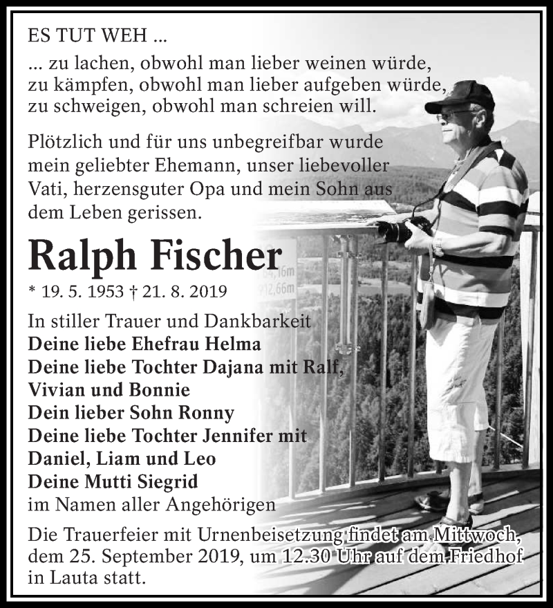  Traueranzeige für Ralph Fischer vom 14.09.2019 aus lausitzer_rundschau