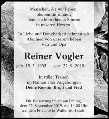 Traueranzeige von Reiner Vogler von lausitzer_rundschau