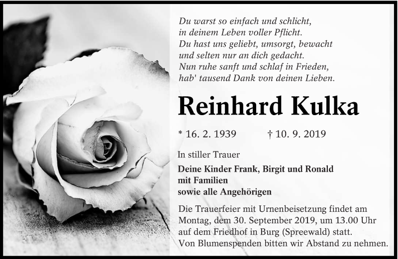  Traueranzeige für Reinhard Kulka vom 20.09.2019 aus lausitzer_rundschau