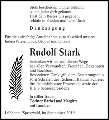 Traueranzeige von Rudolf Stark von lausitzer_rundschau