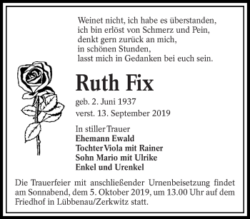 Traueranzeige von Ruth Fix von lausitzer_rundschau
