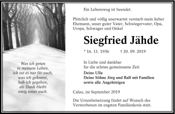 Traueranzeige von Siegfried Jähde von lausitzer_rundschau