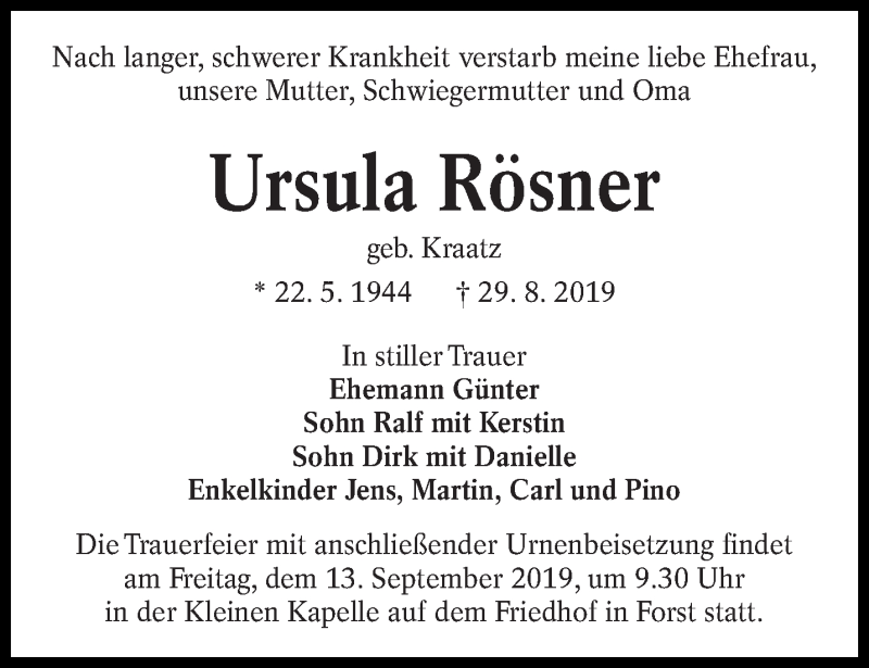  Traueranzeige für Ursula Rösner vom 07.09.2019 aus lausitzer_rundschau