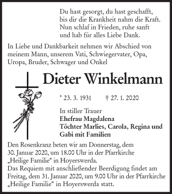 Traueranzeige von Dieter Winkelmann von lausitzer_rundschau