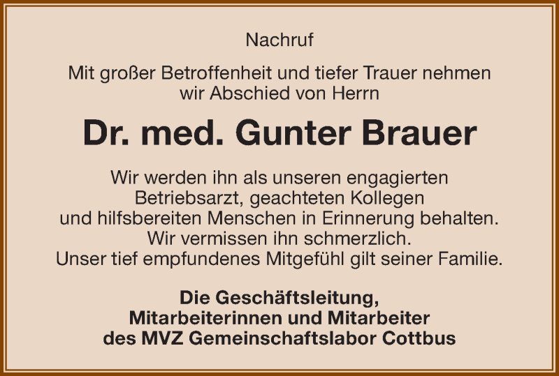  Traueranzeige für Gunter Brauer vom 18.01.2020 aus lausitzer_rundschau