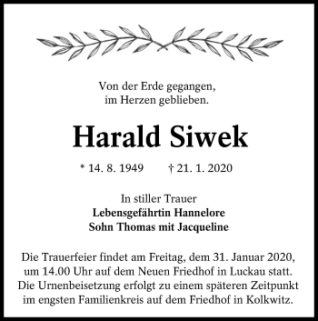 Traueranzeige von Harald Siwek von lausitzer_rundschau