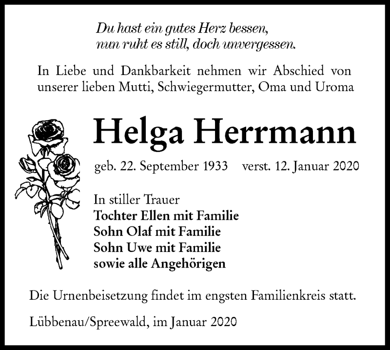  Traueranzeige für Helga Herrmann vom 25.01.2020 aus lausitzer_rundschau
