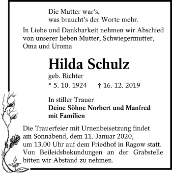 Traueranzeige von Hilda Schulz von lausitzer_rundschau