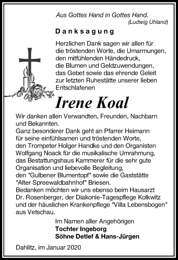 Traueranzeige von Irene Koal von lausitzer_rundschau