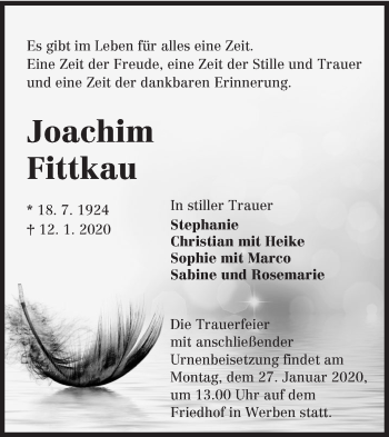 Traueranzeige von Joachim Fittkau von lausitzer_rundschau