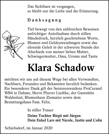 Traueranzeige von Klara Schadow von lausitzer_rundschau