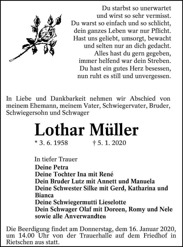  Traueranzeige für Lothar Müller vom 11.01.2020 aus lausitzer_rundschau
