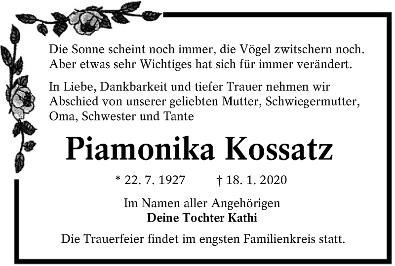  Traueranzeige für Piamonika Kossatz vom 25.01.2020 aus lausitzer_rundschau