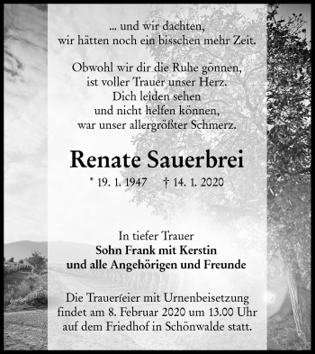 Traueranzeige von Renate Sauerbrei von lausitzer_rundschau