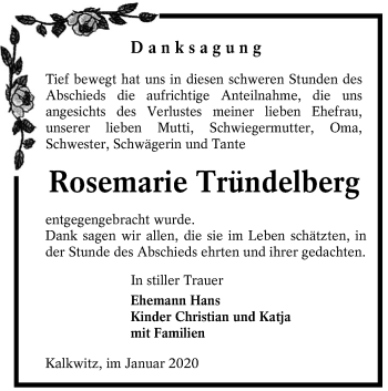 Traueranzeige von Rosemarie Tründelberg von lausitzer_rundschau