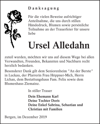 Traueranzeige von Ursel Alledahn von lausitzer_rundschau