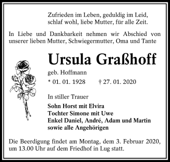 Traueranzeige von Ursula Graßhoff von lausitzer_rundschau