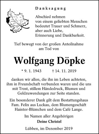 Traueranzeige von Wolfgang Döpke von lausitzer_rundschau