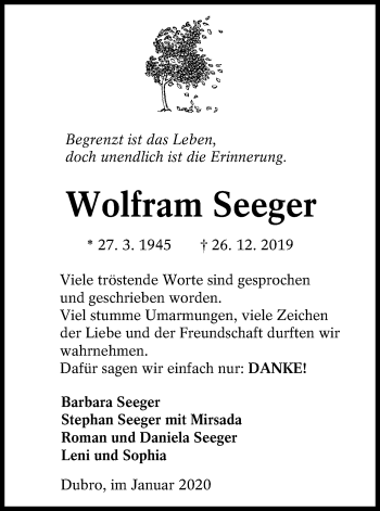 Traueranzeigen von Wolfram Seeger | lr-online.trauer.de