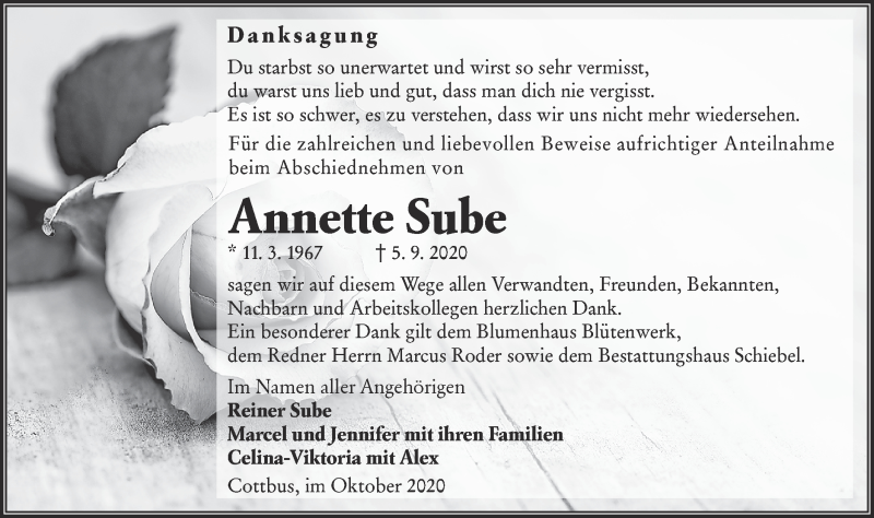  Traueranzeige für Annette Sube vom 02.10.2020 aus lausitzer_rundschau
