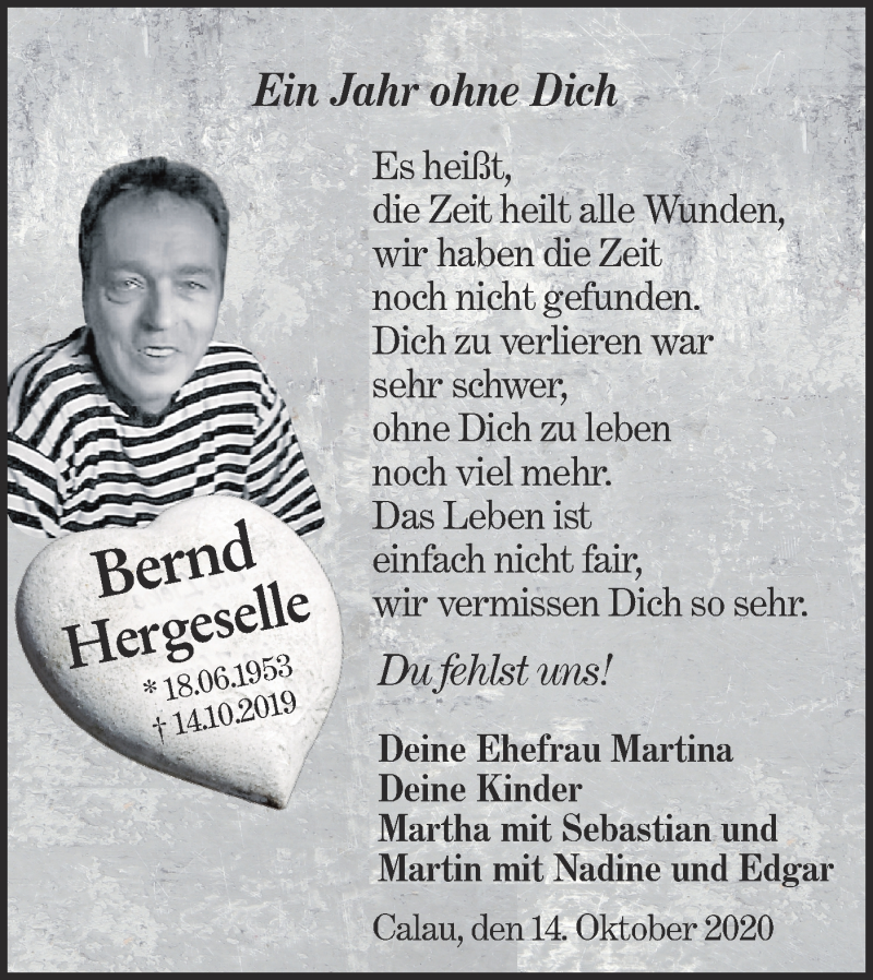  Traueranzeige für Bernd Hergeselle vom 17.10.2020 aus lausitzer_rundschau