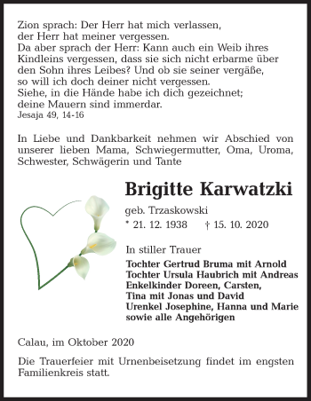 Traueranzeige von Brigitte Karwatzki von lausitzer_rundschau