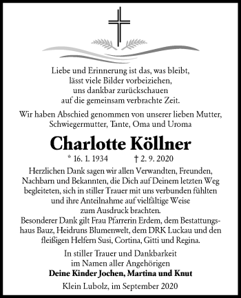 Traueranzeige von Charlotte Köllner von lausitzer_rundschau