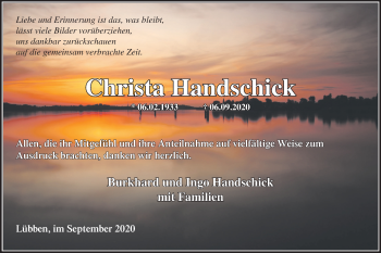 Traueranzeige von Christa Handschick von lausitzer_rundschau