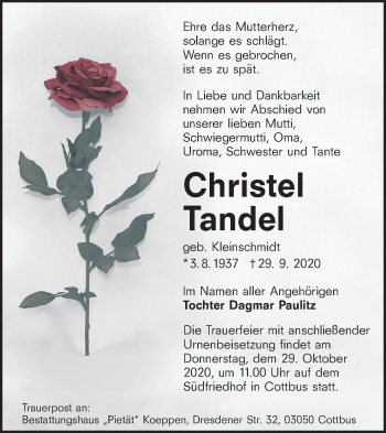 Traueranzeige von Christel Tandel von lausitzer_rundschau
