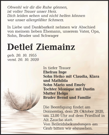 Traueranzeige von Detlef Ziemainz von lausitzer_rundschau