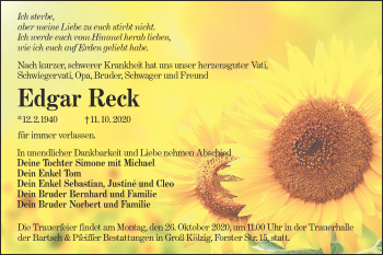 Traueranzeige von Edgar Reck von lausitzer_rundschau