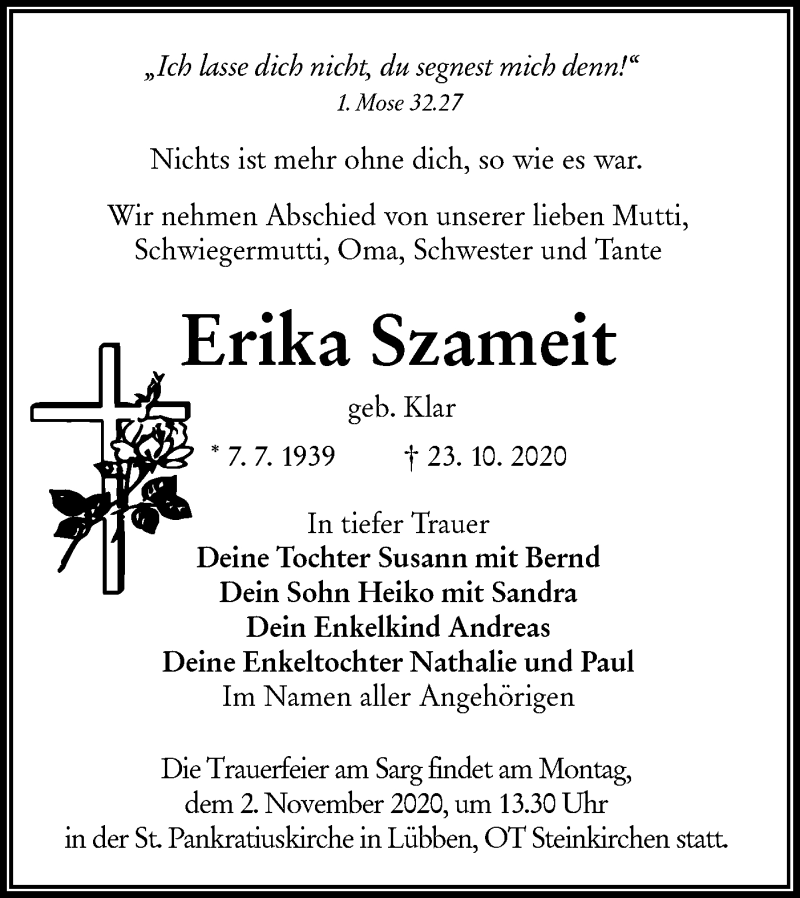  Traueranzeige für Erika Szameit vom 28.10.2020 aus lausitzer_rundschau