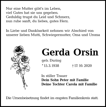 Traueranzeige von Gerda Orsin von lausitzer_rundschau