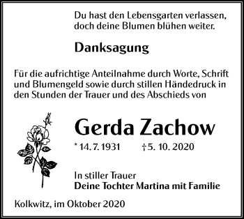 Traueranzeige von Gerda Zachow von lausitzer_rundschau