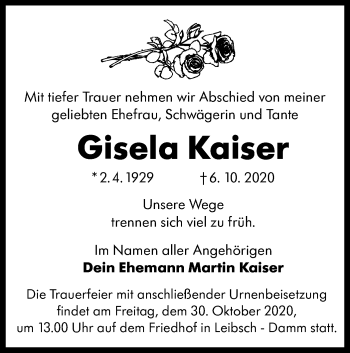 Traueranzeige von Gisela Kaiser von lausitzer_rundschau