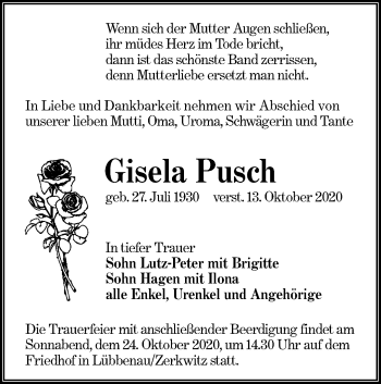 Traueranzeige von Gisela Pusch von lausitzer_rundschau