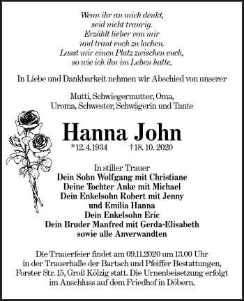 Traueranzeige von Hanna John von lausitzer_rundschau