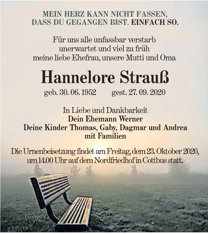  Traueranzeige für Hannelore Strauß vom 17.10.2020 aus lausitzer_rundschau