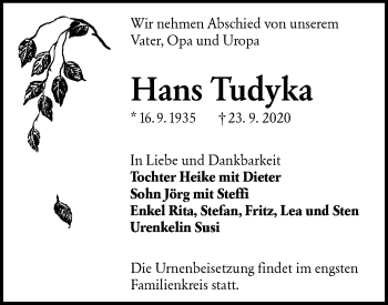 Traueranzeige von Hans Tudyka von lausitzer_rundschau