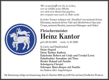 Traueranzeige von Heinz Kantor von lausitzer_rundschau