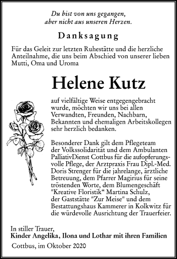 Traueranzeige von Helene Kutz von lausitzer_rundschau