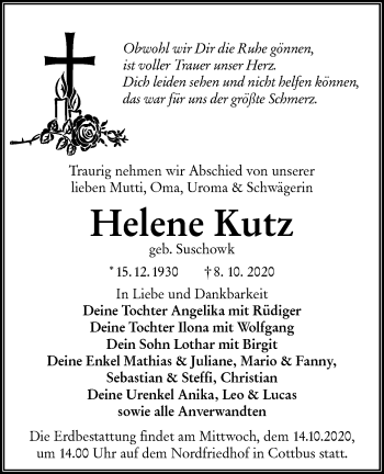 Traueranzeige von Helene Kutz von lausitzer_rundschau