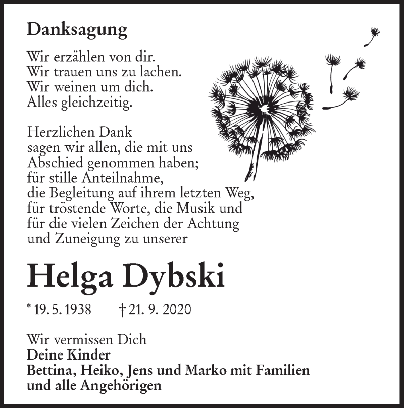  Traueranzeige für Helga Dybski vom 24.10.2020 aus lausitzer_rundschau