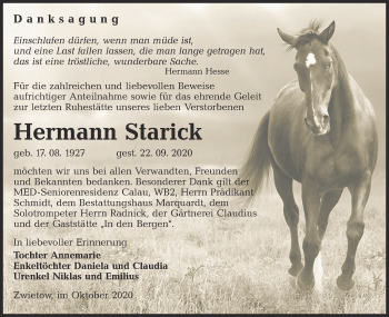 Traueranzeige von Hermann Starick von lausitzer_rundschau